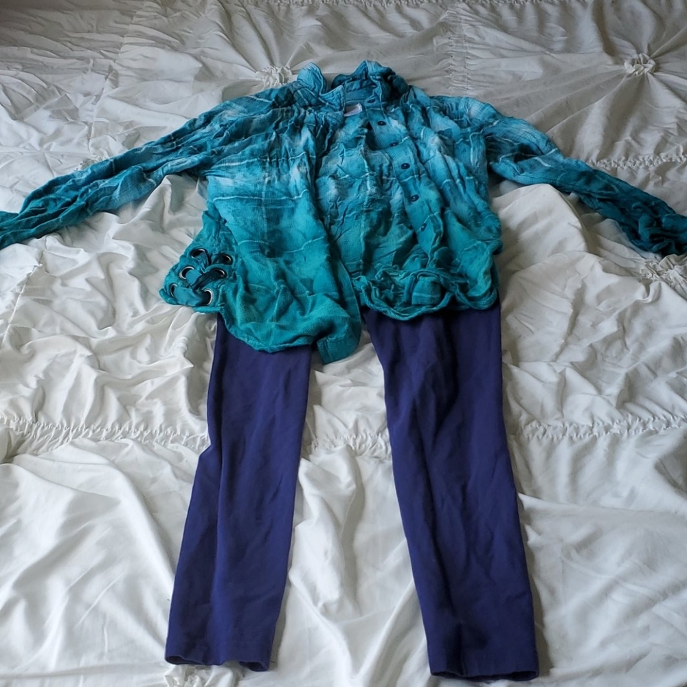 Justice leggings with light blue plaid shirt
